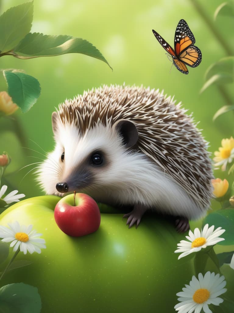  a green apple and flowers at the bottom,a hedgehog crawls over an apple and sniffs a butterfly, masterpieces, top quality, best quality, official art, beautiful and aesthetic, realistic, 4K, 8K
