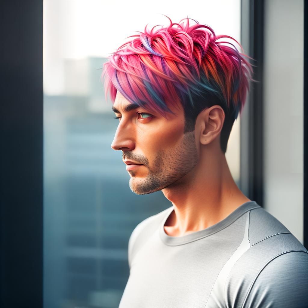  Film boy with multicolored hair and gray clothes looks thoughtfully at the light from the window, RTX, full hd, detailed hyperrealistic, full body, detailed clothing, highly detailed, cinematic lighting, stunningly beautiful, intricate, sharp focus, f/1. 8, 85mm, (centered image composition), (professionally color graded), ((bright soft diffused light)), volumetric fog, trending on instagram, trending on tumblr, HDR 4K, 8K