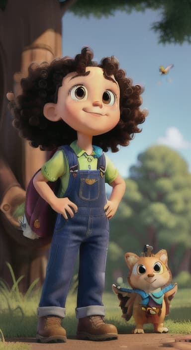  {Riley looking up at the tree with a big smile, animals surrounding them., Riley, a curious with big brown eyes and curly hair, wearing overalls and carrying a small backpack. Their friend, Skye, a bluebird with shiny feathers.