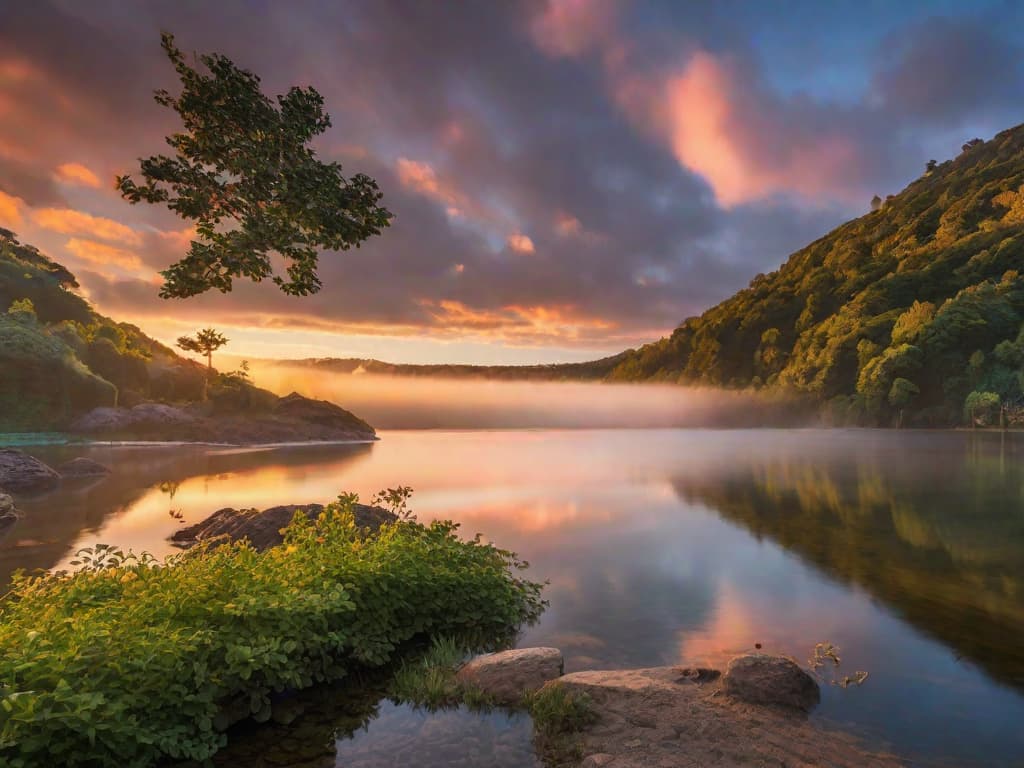  A peaceful sunrise over a tranquil lake surrounded by lush greenery in Poços de Caldas. digital art, ilustration hyperrealistic, full body, detailed clothing, highly detailed, cinematic lighting, stunningly beautiful, intricate, sharp focus, f/1. 8, 85mm, (centered image composition), (professionally color graded), ((bright soft diffused light)), volumetric fog, trending on instagram, trending on tumblr, HDR 4K, 8K