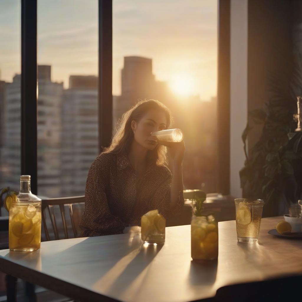  forever 3693, a girl is sitting on a table in an apartment, drinking lemonade and watching the sunset hyperrealistic, full body, detailed clothing, highly detailed, cinematic lighting, stunningly beautiful, intricate, sharp focus, f/1. 8, 85mm, (centered image composition), (professionally color graded), ((bright soft diffused light)), volumetric fog, trending on instagram, trending on tumblr, HDR 4K, 8K