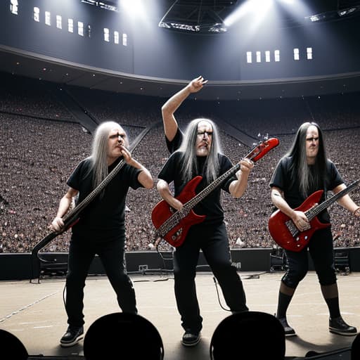  elderly seniors playing in a death metal band at a sold out stadium