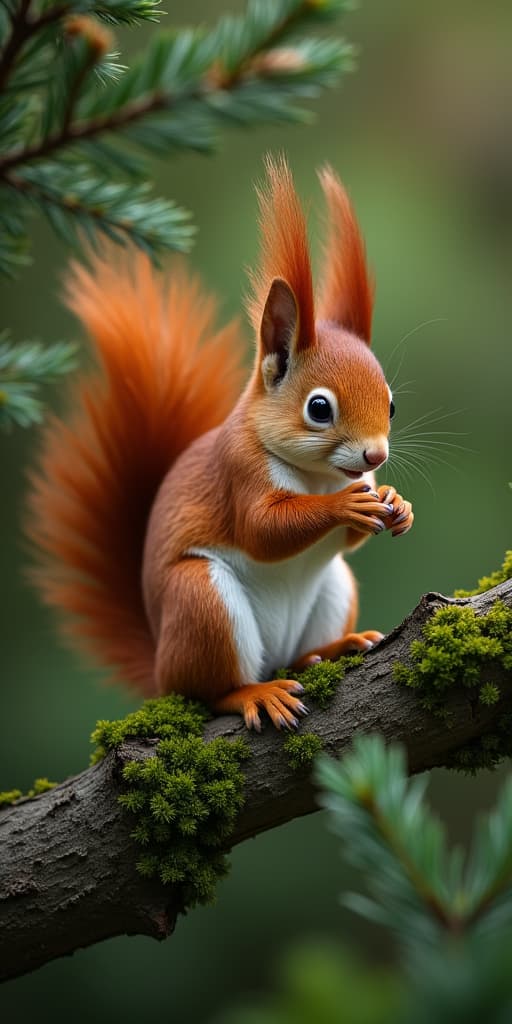  good quality, high quality, vibrant red squirrel amongst the lush greenery of a fir tree