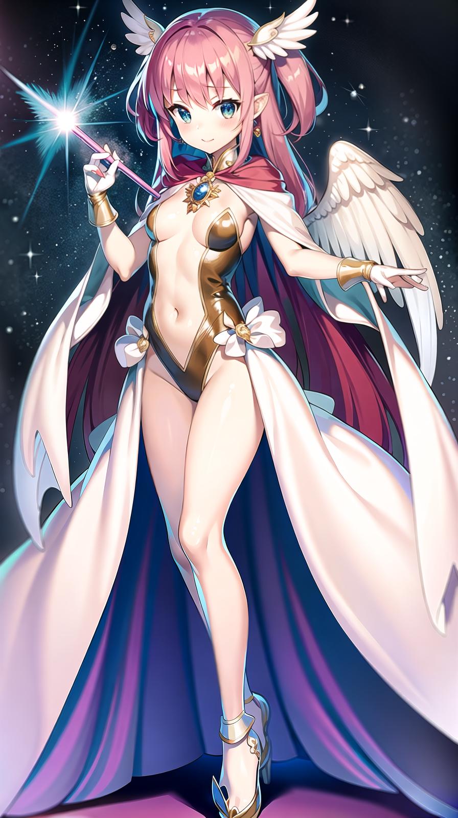  master piece , best quality,Magical hat, magical wand, jewelry, leotard, long cape, ribbons, gloves, angel rings, angel wings, long two side up hair, big s, red costume, pink hair color, transformation, full body