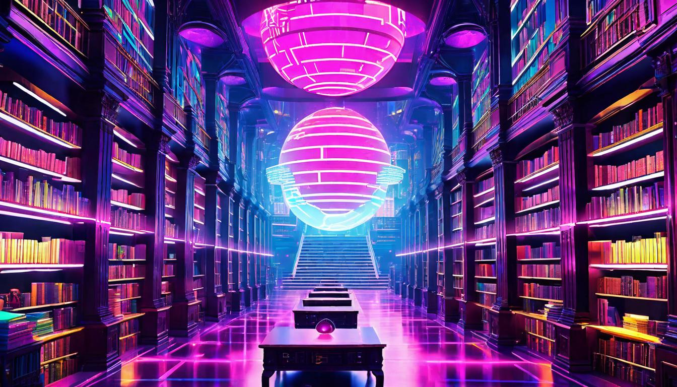  vaporwave,cyberpunk game style A majestic library with infinite shelves, each book a luminescent orb, visitors wandering between aisles, light casting shadows of philosophical symbols, knowledge spans eons, chosen path, transcendent insighteon, dystopian, futuristic, digital, vibrant, detailed, high contrast, reminiscent of cyberpunk genre video games,retro aesthetic, cyberpunk, vibrant, neon colors, vintage 80s and 90s style, highly detailed