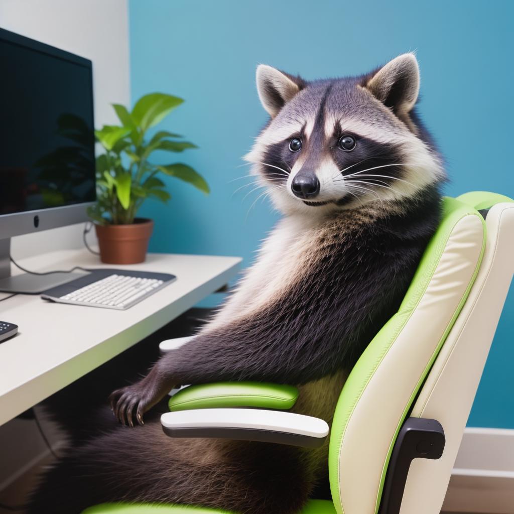  raccoon sitting in gaming chair front a computer on desktop, ((semi anthropomorphic)),(full body), tail, belly, sitting, fat, (chubby), (((white background))), solo, desktop, gaming chair, side view,  [[[clothes]]] hyperrealistic, full body, detailed clothing, highly detailed, cinematic lighting, stunningly beautiful, intricate, sharp focus, f/1. 8, 85mm, (centered image composition), (professionally color graded), ((bright soft diffused light)), volumetric fog, trending on instagram, trending on tumblr, HDR 4K, 8K