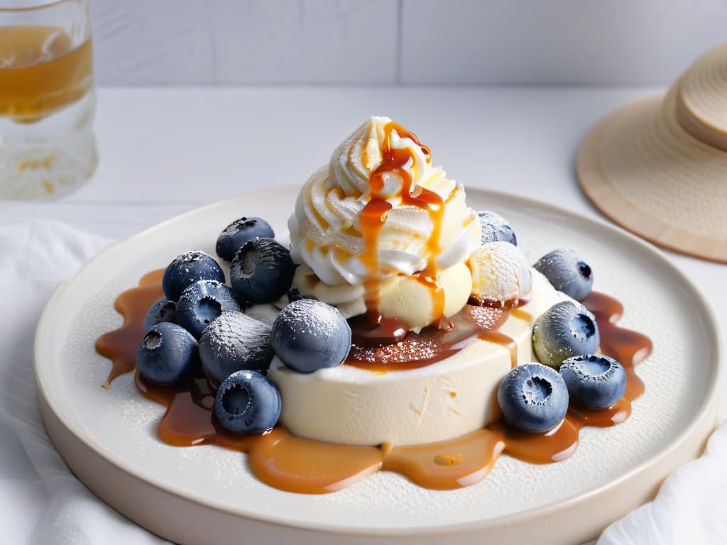  A closeup, ultradetailed image of a scoop of creamy, sugarfree vanilla ice cream, sprinkled with fresh, vibrant blueberries and a drizzle of sugarfree caramel sauce, all elegantly presented on a sleek, modern white porcelain dessert plate. The ice cream glistens invitingly under soft, natural lighting, showcasing its smooth texture and tempting appeal. The blueberries add a pop of color against the pristine white backdrop, while the caramel sauce cascades down the scoop enticingly, creating a visually stunning and appetizing scene perfect for a minimalist aesthetic. hyperrealistic, full body, detailed clothing, highly detailed, cinematic lighting, stunningly beautiful, intricate, sharp focus, f/1. 8, 85mm, (centered image composition), (professionally color graded), ((bright soft diffused light)), volumetric fog, trending on instagram, trending on tumblr, HDR 4K, 8K