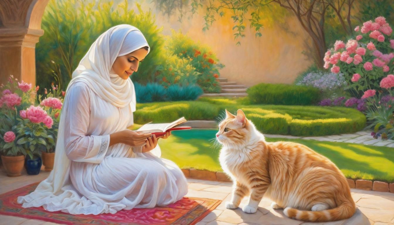  OIL PASTEL+++ Within the peaceful confines of a traditional Islamic garden, a respected female scholar enjoys a moment of serenity as she strokes the fur of a beloved cat, embodying the harmonious balance between nature and spirituality.