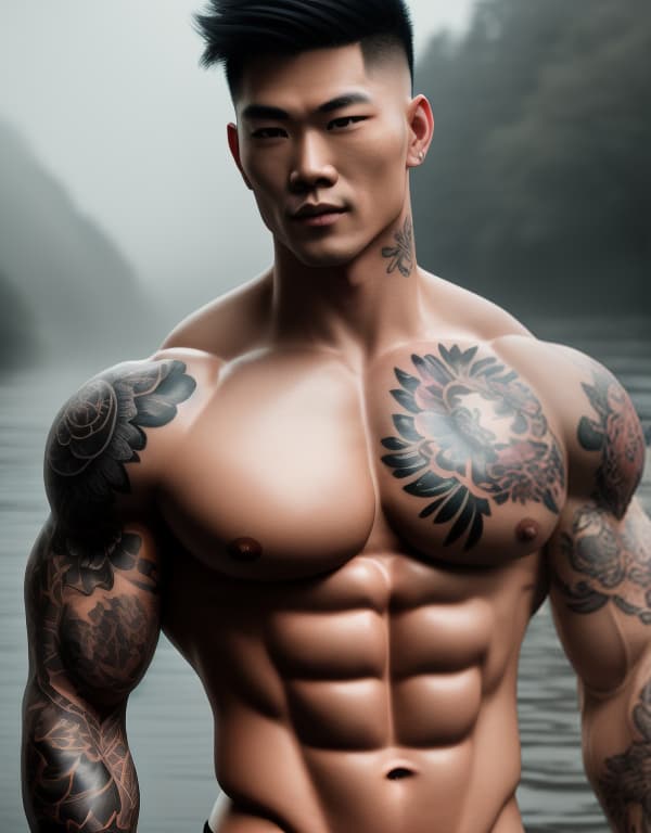  muscle, tattooed Chinese bald boy with lace taking a in river ,  whole dorsal body，chest hair hyperrealistic, full body, detailed clothing, highly detailed, cinematic lighting, stunningly beautiful, intricate, sharp focus, f/1. 8, 85mm, (centered image composition), (professionally color graded), ((bright soft diffused light)), volumetric fog, trending on instagram, trending on tumblr, HDR 4K, 8K