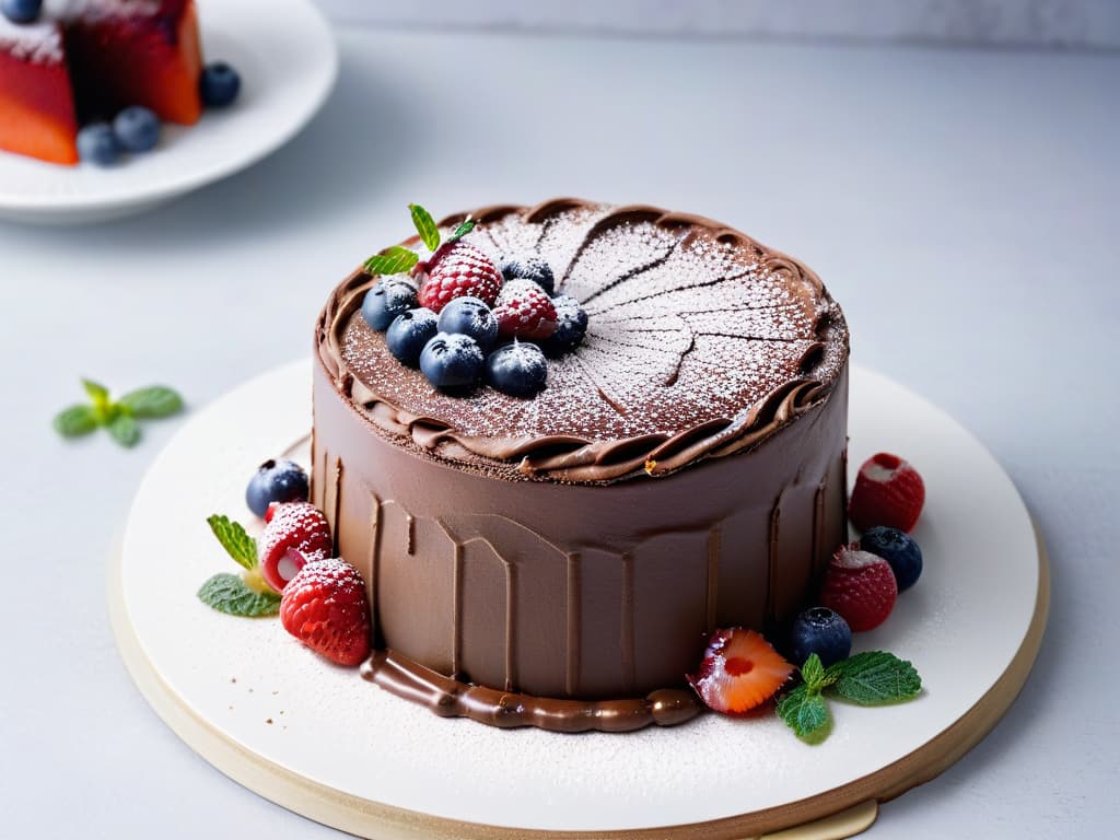  A highresolution closeup image of a decadent vegan chocolate cake topped with fresh berries, dusted with powdered sugar, and garnished with mint leaves, presented on a sleek, modern white plate against a minimalist backdrop. The glossy texture of the cake, the vibrant colors of the berries, and the delicate veins of the mint leaves are all incredibly detailed, showcasing the artistry and indulgence of vegan desserts in exquisite clarity. hyperrealistic, full body, detailed clothing, highly detailed, cinematic lighting, stunningly beautiful, intricate, sharp focus, f/1. 8, 85mm, (centered image composition), (professionally color graded), ((bright soft diffused light)), volumetric fog, trending on instagram, trending on tumblr, HDR 4K, 8K