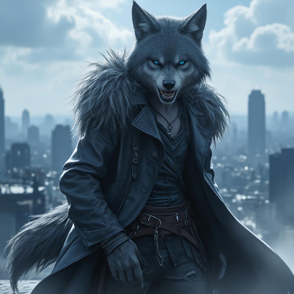  a menacing wolf boy anime character, with sharp, piercing blue eyes, stands on a rooftop overlooking a cityscape. his large, bushy tail swishes behind him as he lets out an evil smirk. his fur is a dark, midnight gray, and his clothes are torn and ragged. he is a villain, but there is a hint of sadness in his eyes, suggesting a complex backstory. anime style, dynamic pose, detailed background. hyperrealistic, full body, detailed clothing, highly detailed, cinematic lighting, stunningly beautiful, intricate, sharp focus, f/1. 8, 85mm, (centered image composition), (professionally color graded), ((bright soft diffused light)), volumetric fog, trending on instagram, trending on tumblr, HDR 4K, 8K