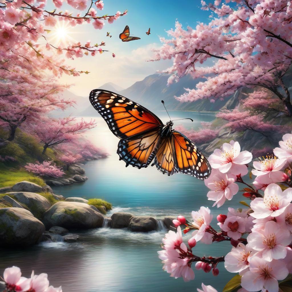  round vignette close up of a butterfly on it, against the background of a river and cherry blossoms, high quality art, beautiful, realistic, bright saturated colors, drawing hyperrealistic, full body, detailed clothing, highly detailed, cinematic lighting, stunningly beautiful, intricate, sharp focus, f/1. 8, 85mm, (centered image composition), (professionally color graded), ((bright soft diffused light)), volumetric fog, trending on instagram, trending on tumblr, HDR 4K, 8K