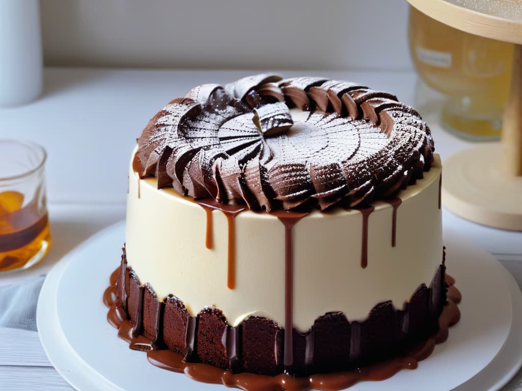  A closeup, ultradetailed image of a glossy, perfectly emulsified sauce being drizzled over a decadent dessert. The sauce is cascading down the side of a rich chocolate cake, glistening in the light to showcase its smooth texture and luxurious sheen. Each droplet of the sauce is captured in exquisite detail, highlighting the expert craftsmanship and artistry involved in creating such a perfect emulsion. The colors are rich and vibrant, with deep browns and velvety creams creating a visually striking contrast that draws the viewer in. hyperrealistic, full body, detailed clothing, highly detailed, cinematic lighting, stunningly beautiful, intricate, sharp focus, f/1. 8, 85mm, (centered image composition), (professionally color graded), ((bright soft diffused light)), volumetric fog, trending on instagram, trending on tumblr, HDR 4K, 8K