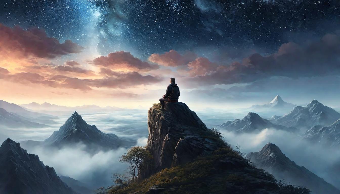  digital illustration, A solitary figure seated at the peak of a mountain, gaze lost in a sea of stars, surrounded by swirling mists, moment of enlightenment, serene contemplation, profound insight, looking at viewer, dynamic pose, (intricate details, masterpiece, best quality)