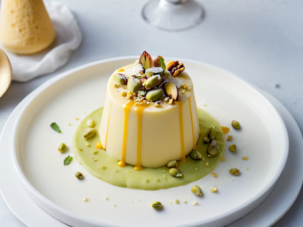  A closeup, highresolution image of a scoop of creamy, homemade Kulfi garnished with crushed pistachios and a drizzle of saffron syrup, elegantly presented on a marble slab with a delicate silver spoon beside it. The Kulfi is slightly melting, showcasing its rich texture and traditional Indian flavors, while the background is softly blurred to highlight the dessert's exquisite details and enticing appeal. hyperrealistic, full body, detailed clothing, highly detailed, cinematic lighting, stunningly beautiful, intricate, sharp focus, f/1. 8, 85mm, (centered image composition), (professionally color graded), ((bright soft diffused light)), volumetric fog, trending on instagram, trending on tumblr, HDR 4K, 8K