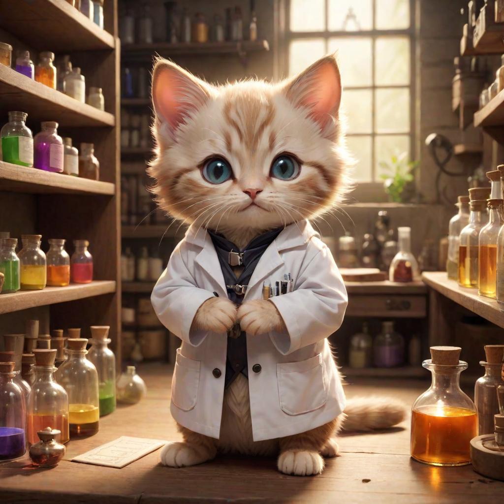  medium shot, Kitten Cheeseville, Soft Alchemical Glow, Curious and Inquisitive, Tiny and Nimble, Whiskers and Bright Eyes, Scientific Lab Coat with a Pocket Protector, Alchemical Laboratory with Potion filled Shelves, Chemist and Alchemist in the Mouse Lab