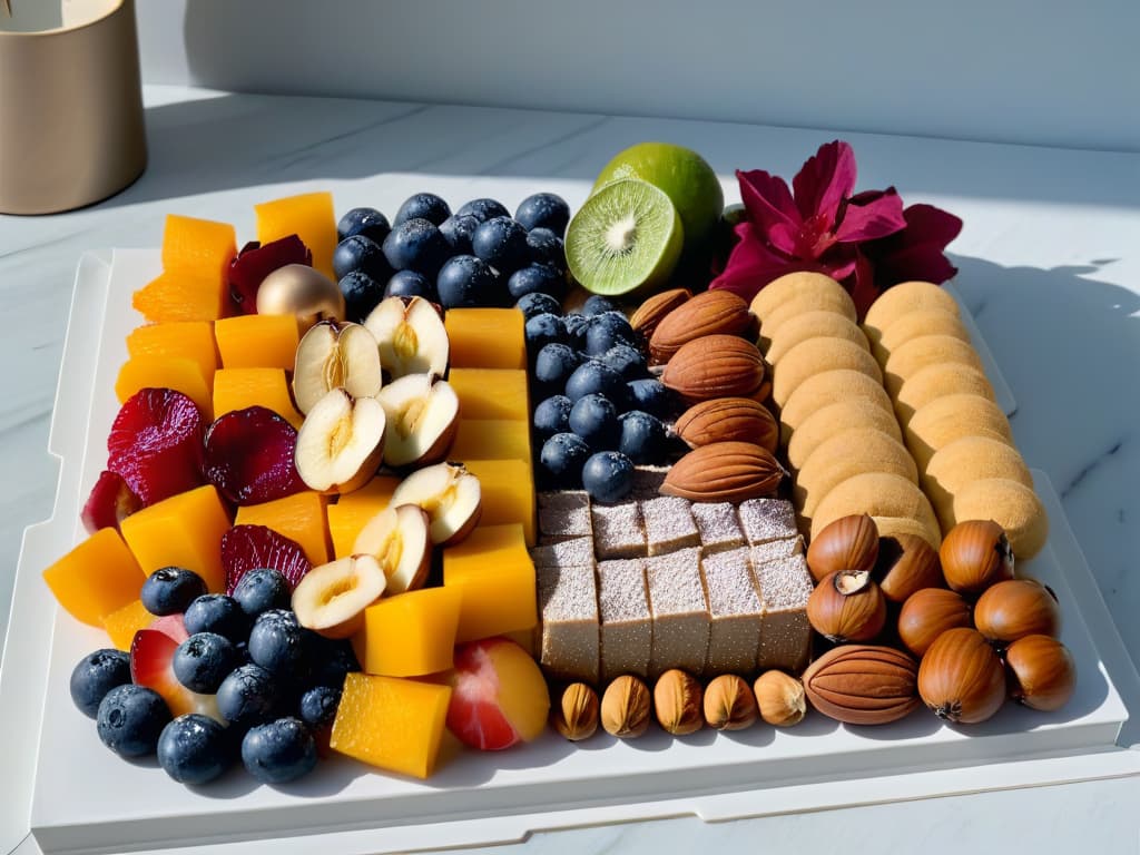  A closeup, ultradetailed image of a variety of premium branded nuts and dried fruits elegantly arranged on a sleek, modern marble platter. Each nut and fruit is meticulously placed to showcase its unique texture, color, and shape, creating a visually striking and luxurious display. The lighting is soft, casting gentle shadows that enhance the overall aesthetic of the composition. This minimalist yet sophisticated image conveys the essence of highquality ingredients and the transformative power they possess in elevating the flavor profile of dessert recipes. hyperrealistic, full body, detailed clothing, highly detailed, cinematic lighting, stunningly beautiful, intricate, sharp focus, f/1. 8, 85mm, (centered image composition), (professionally color graded), ((bright soft diffused light)), volumetric fog, trending on instagram, trending on tumblr, HDR 4K, 8K