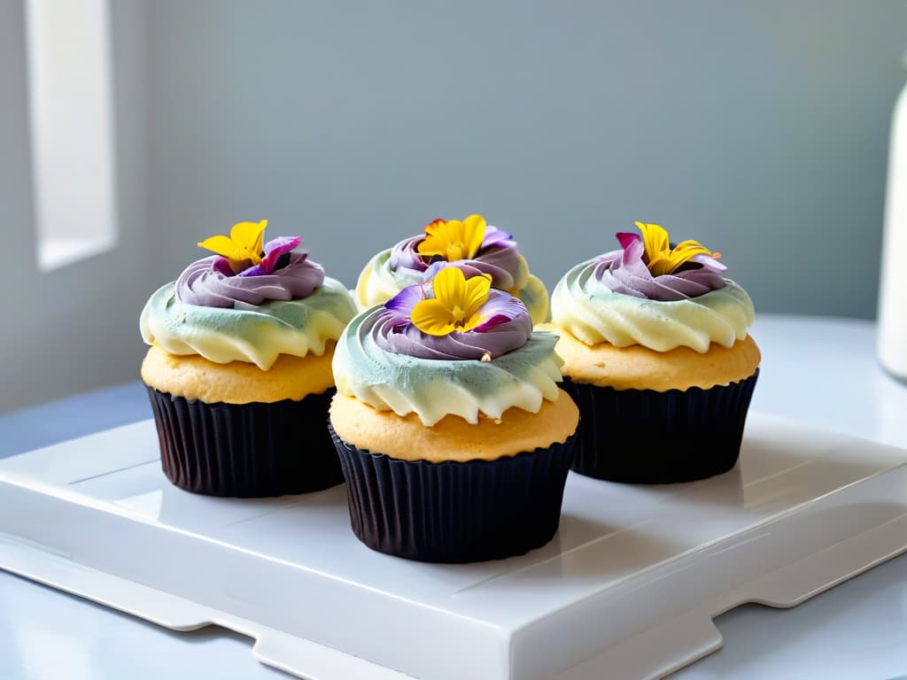  An intricate closeup shot of a beautifully decorated lowcalorie cupcake, topped with swirls of pastelcolored frosting and delicate edible flowers, set against a softfocus background of a modern kitchen with sunlight streaming in through a window. The details are so sharp that each sugar sprinkle and petal on the cupcake is distinctly visible, showcasing the artistry and appeal of healthy, lowcalorie baking. hyperrealistic, full body, detailed clothing, highly detailed, cinematic lighting, stunningly beautiful, intricate, sharp focus, f/1. 8, 85mm, (centered image composition), (professionally color graded), ((bright soft diffused light)), volumetric fog, trending on instagram, trending on tumblr, HDR 4K, 8K