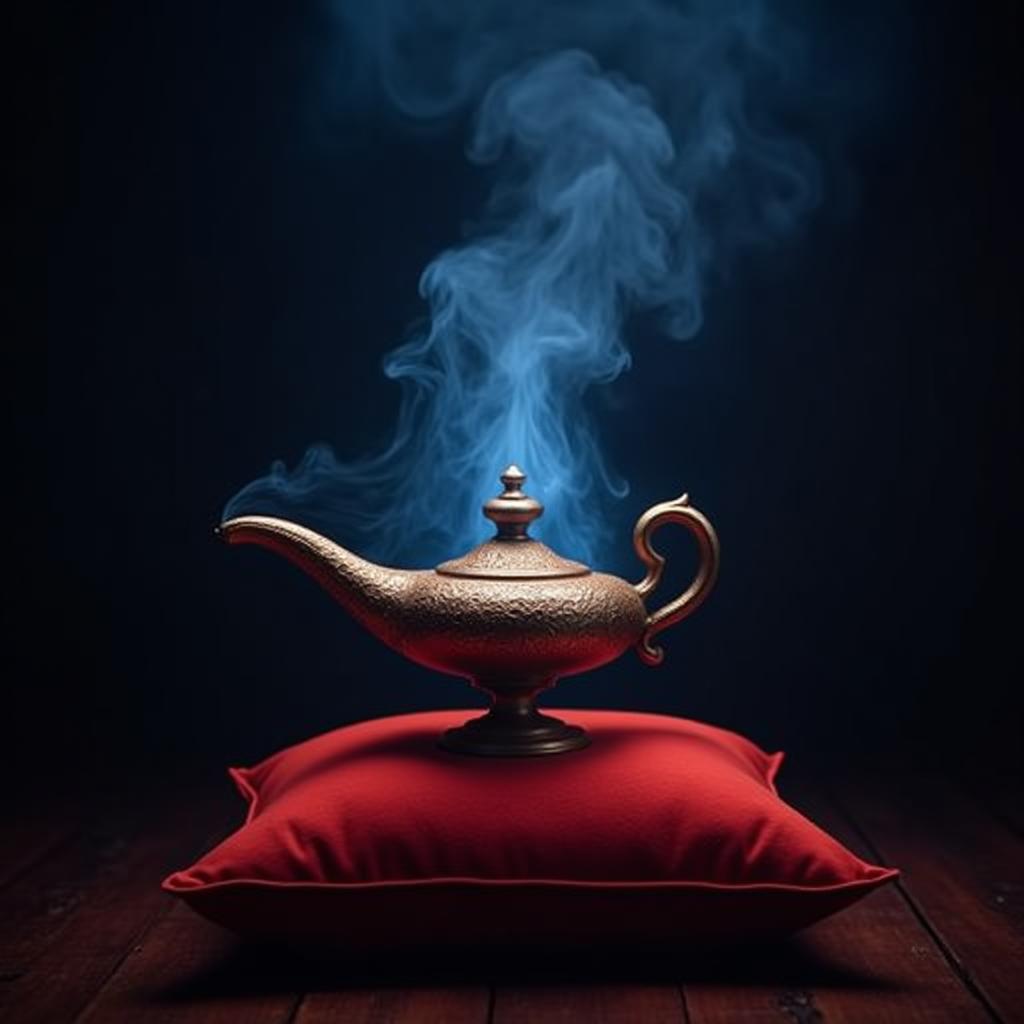  good quality, high quality, genie's magic lamp emitting blue smoke standing on a red pillow