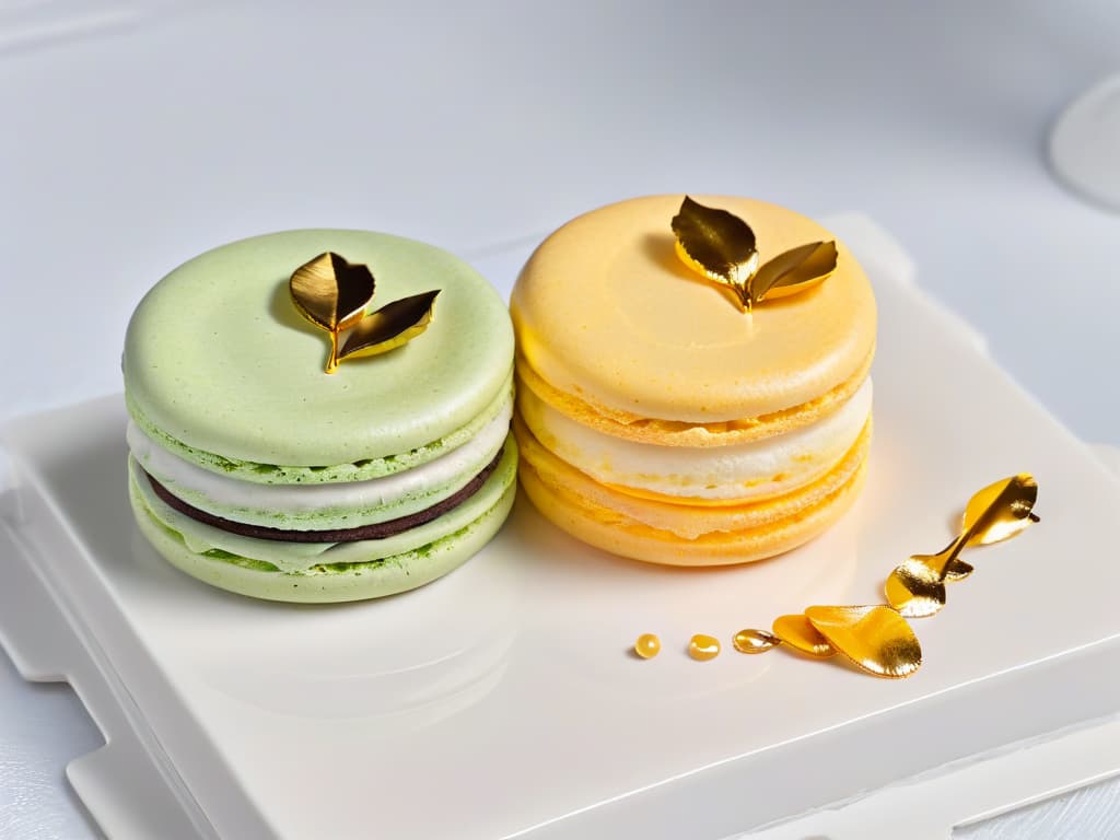  An ultradetailed closeup image of a delicate, pastelhued macaron placed on a white marble surface, showcasing intricate brushstrokelike details on the smooth surface of the dessert. The soft natural light highlights the subtle variations in color and the tiny edible gold leaf garnish, adding an artistic touch to the elegant and sophisticated dessert. This image captures the fusion of art and gastronomy, inviting viewers to savor the beauty and creativity in every bite. hyperrealistic, full body, detailed clothing, highly detailed, cinematic lighting, stunningly beautiful, intricate, sharp focus, f/1. 8, 85mm, (centered image composition), (professionally color graded), ((bright soft diffused light)), volumetric fog, trending on instagram, trending on tumblr, HDR 4K, 8K