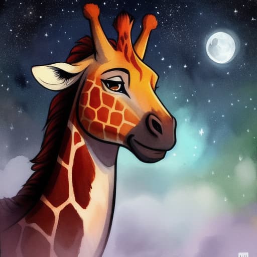  watercolor, storybook, child-book, Night scene, white background, a black-lined cartoon giraffe gazing at stars and the moon in the sky, best quality, very detailed, high resolution, sharp, sharp image hyperrealistic, full body, detailed clothing, highly detailed, cinematic lighting, stunningly beautiful, intricate, sharp focus, f/1. 8, 85mm, (centered image composition), (professionally color graded), ((bright soft diffused light)), volumetric fog, trending on instagram, trending on tumblr, HDR 4K, 8K