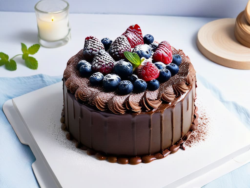  A minimalist image of a decadent vegan chocolate cake topped with fresh berries, drizzled with coconut cream, and garnished with mint leaves on a sleek white plate, set against a simple, elegant backdrop. hyperrealistic, full body, detailed clothing, highly detailed, cinematic lighting, stunningly beautiful, intricate, sharp focus, f/1. 8, 85mm, (centered image composition), (professionally color graded), ((bright soft diffused light)), volumetric fog, trending on instagram, trending on tumblr, HDR 4K, 8K