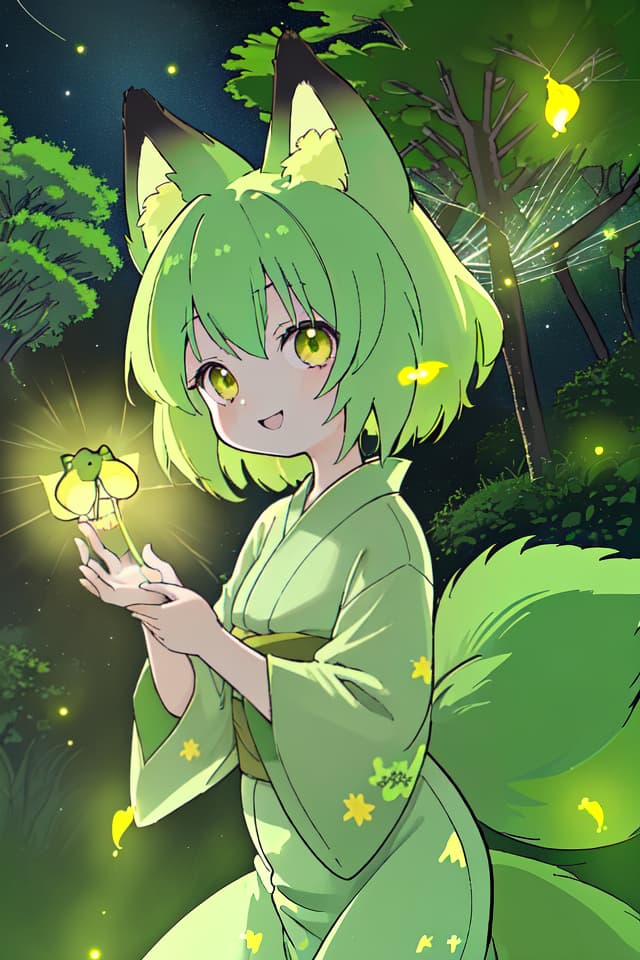  A yukata of the green hair character in the fox ear, the light of countless fireflies shines in the dark countryside, a very beautiful smile, a large amount of fireflies dancing, detailed shadows, delicate lines, detailed fine details. Line, ultra high image quality, 4K, 8K