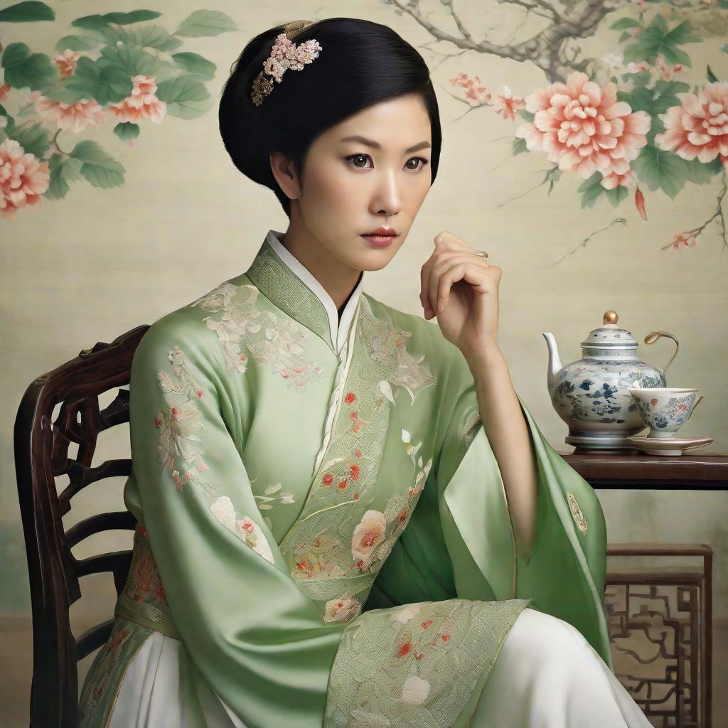  Masterpiece, best quality, a modern oriental woman with short hair, dressed in a light green and white Chinese dress made of delicate fabrics and embroidery, sitting on her side, elegantly facing the audience, exuding elegance. The photo shows her bust, legs wrapped delicately. The background is a tea bar environment, exuding refinement and tranquility. This photo reminds one of the fascinating world of Studio Ghibli. The photo is presented in a unique style, combining watercolor and pastel elements to create a dreamy ambience. This was achieved by using a high-resolution camera to capture every intricate detail of the woman's outfit and using a shallow depth of field to focus on her charming expression.