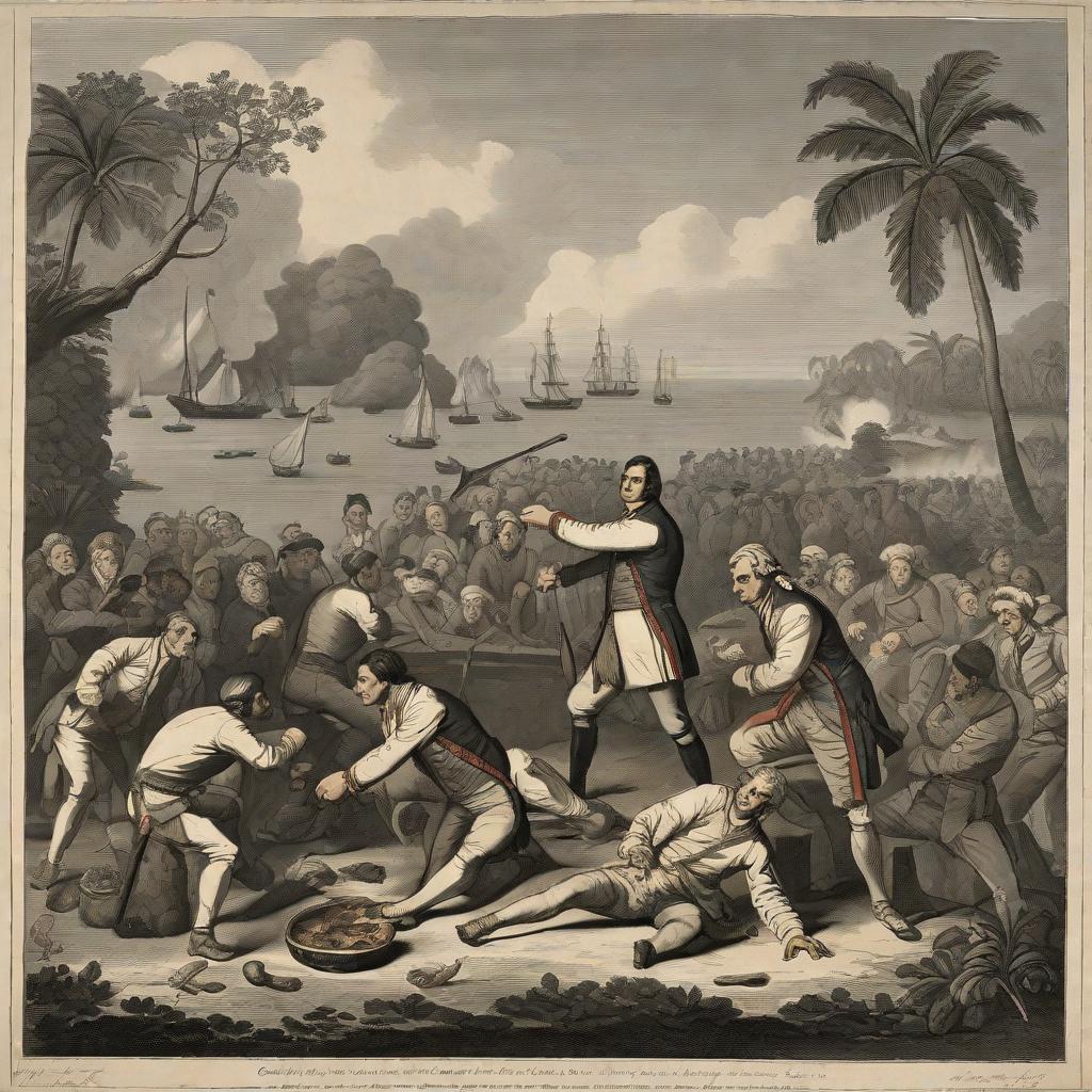  masterpiece, best quality, in good quality, in the foreground is Captain Cook, who was eaten by cannibals, in the background there are many cannibals who eat Captain Cook’s flesh, Cook’s right arm is eaten off and a bone is sticking out