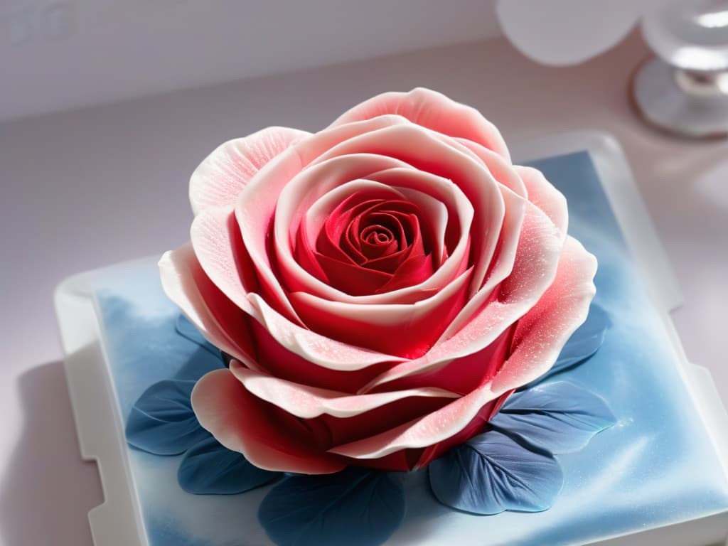  A photorealistic image showcasing a closeup of a delicate, intricate sugar sculpture shaped like a blooming rose, with each petal meticulously crafted and shimmering under a soft, ethereal light. The details of the sugar sculpture are so precise that every curve and texture is visible, highlighting the artistry and skill required in molecular pastry making. The background is softly blurred to keep the focus solely on the mesmerizing sugar rose, evoking a sense of wonder and awe at the beauty and craftsmanship of molecular gastronomy. hyperrealistic, full body, detailed clothing, highly detailed, cinematic lighting, stunningly beautiful, intricate, sharp focus, f/1. 8, 85mm, (centered image composition), (professionally color graded), ((bright soft diffused light)), volumetric fog, trending on instagram, trending on tumblr, HDR 4K, 8K