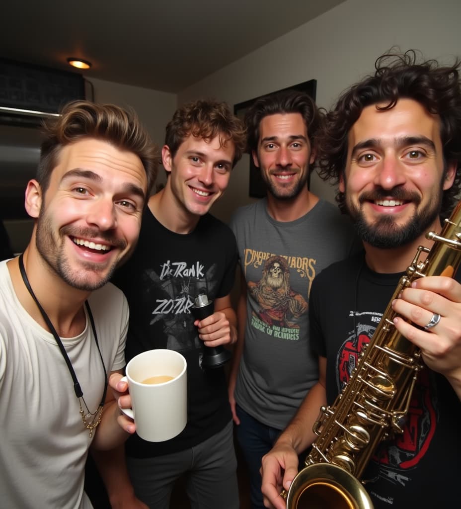  good quality, high quality, selfie of 5 friends: 1. brown haired guy with stubbles that are a bit more dense in the mustache holding a coffee mug. looks a bit like ashton kutcher 2. blonde guy with stubbles, holding a dumbell. 3. tanned guy with dark hair a heavy metal band t shirt 4. surfer guy with curled dark hair, held with a scrunchy in the front 5. brown haired guy with a frank zappa shirt, with a beard, holding a saxophone