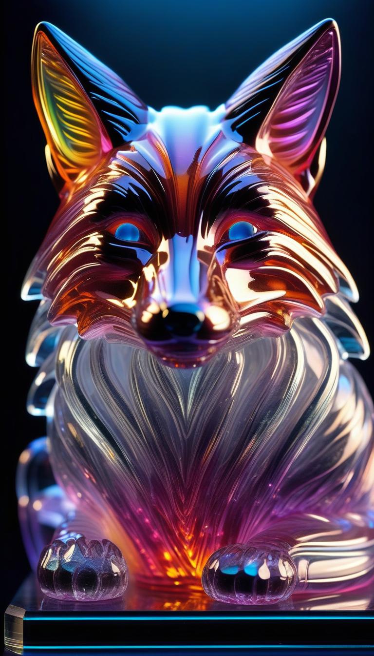  hyperrealistic art (masterpiece, glassmorphism style:1.2), intricate glass sculpture of a fox, transparent with iridescent hues, catching and reflecting light beautifully, delicate features like whiskers and paw pads, inner lighting glowing softly from within, creating a mesmerizing effect, rainbow reflections dancing on nearby surfaces, elegant and modern design, sleek lines and curves, light refracting through the glass, creating a dreamy and magical ambiance. . extremely high resolution details, photographic, realism pushed to extreme, fine texture, incredibly lifelike hyperrealistic, full body, detailed clothing, highly detailed, cinematic lighting, stunningly beautiful, intricate, sharp focus, f/1. 8, 85mm, (centered image composition), (professionally color graded), ((bright soft diffused light)), volumetric fog, trending on instagram, trending on tumblr, HDR 4K, 8K