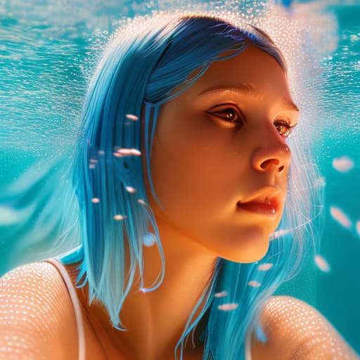 portrait+ style A girl under water with short blue hair no reaciton