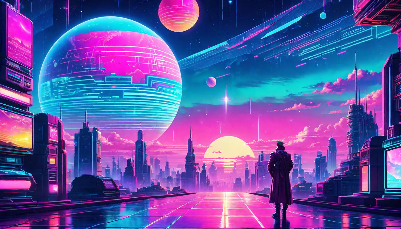  vaporwave,cyberpunk game style A radiant orb cradled by the night sky, profound divine connection, celestial embrace, eternal bond, whispers of the cosmoseon, dystopian, futuristic, digital, vibrant, detailed, high contrast, reminiscent of cyberpunk genre video games,retro aesthetic, cyberpunk, vibrant, neon colors, vintage 80s and 90s style, highly detailed