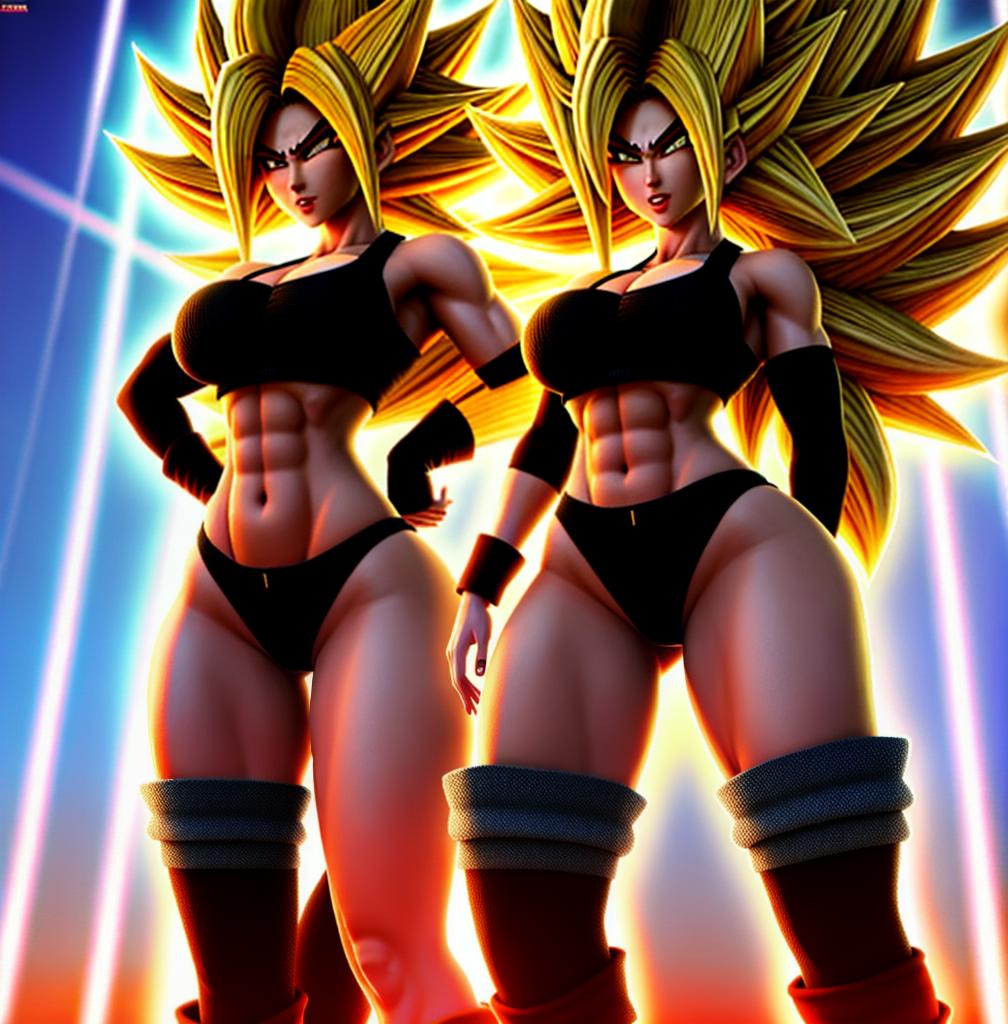  ((foto de cuerpo completo, pie plano, cuerpo recto)), ((laura {Super Super Saiyan mujer con grandes pechos})), ((lleva puesto son goku+Los disfraces de ella son extremadamente ajustados a su cuerpo.))