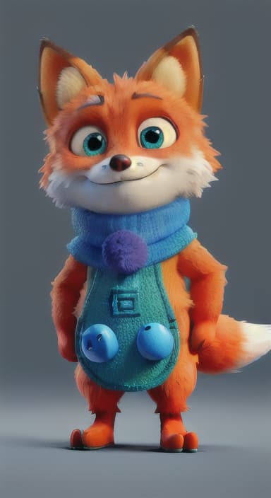  {Error the fox pressing the blue button with his paw, looking puzzled as nothing occurs., Error is a small, bright orange fox with a fluffy tail and big, inquisitive eyes. He has a mischievous yet kind expression and wears a tiny green scarf.