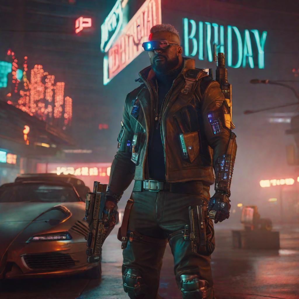  Cyberpunk-style birthday 2077 hyperrealistic, full body, detailed clothing, highly detailed, cinematic lighting, stunningly beautiful, intricate, sharp focus, f/1. 8, 85mm, (centered image composition), (professionally color graded), ((bright soft diffused light)), volumetric fog, trending on instagram, trending on tumblr, HDR 4K, 8K