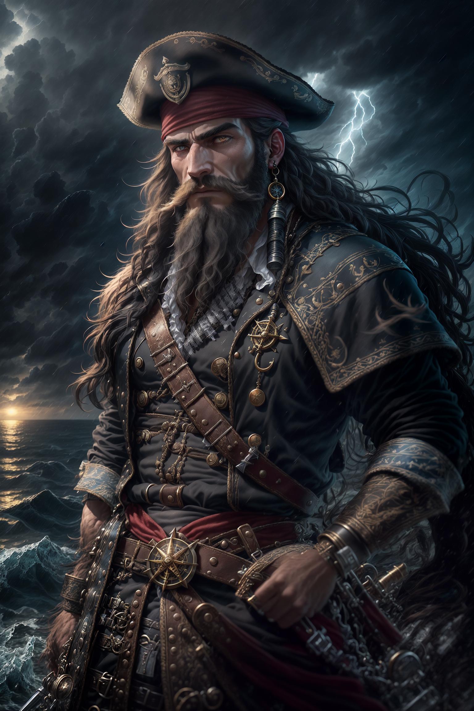  Blackbeard, (rugged appearance:1.2), (with deep set eyes), (a face full of thick beard), (skin tanned dark by the sea breeze), (black long hair:1.0), (should have a head of unkempt black long hair), (plus a dense beard), (the origin of his name "Blackbeard"), (pirate attire:1.0), (wearing typical pirate clothing), (broad brimmed hat), (earrings), (neck adorned with nautical items), (such as a compass or telescope), (wielding a sword and a flintlock), (ferocious gaze:1.0), (eyes gleaming with greed and cruelty), (may reveal an insatiable desire for treasure), (marine environment:1.2), (main scene is the vast and stormy sea), (including some severe weather elements), (such as storm clouds, thunder, and lightning), (to increase the tension), ( hyperrealistic, full body, detailed clothing, highly detailed, cinematic lighting, stunningly beautiful, intricate, sharp focus, f/1. 8, 85mm, (centered image composition), (professionally color graded), ((bright soft diffused light)), volumetric fog, trending on instagram, trending on tumblr, HDR 4K, 8K