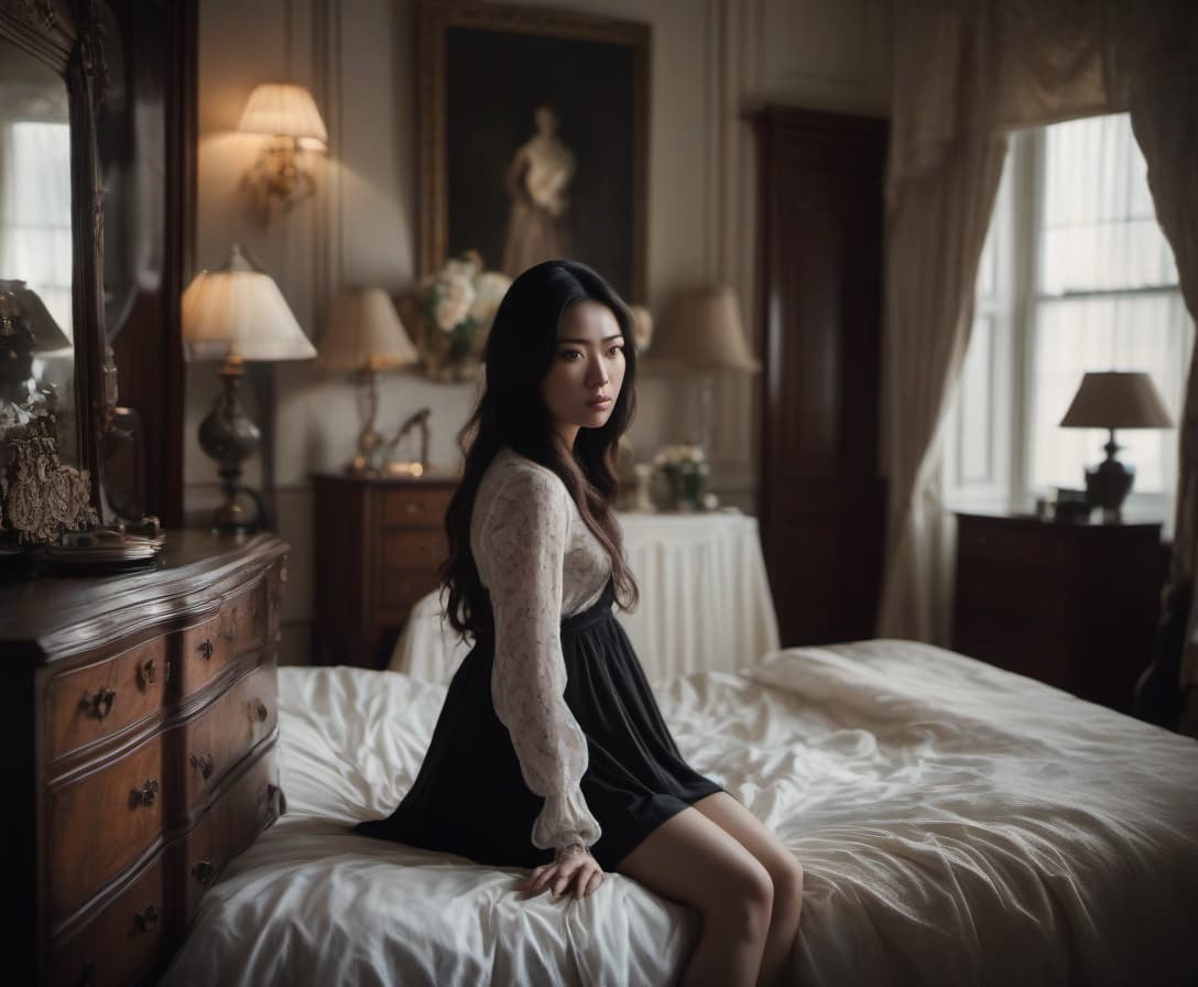  A wide angle. A sad girl on the bed, in the background the silhouette of a man at a dresser. hyperrealistic, full body, detailed clothing, highly detailed, cinematic lighting, stunningly beautiful, intricate, sharp focus, f/1. 8, 85mm, (centered image composition), (professionally color graded), ((bright soft diffused light)), volumetric fog, trending on instagram, trending on tumblr, HDR 4K, 8K