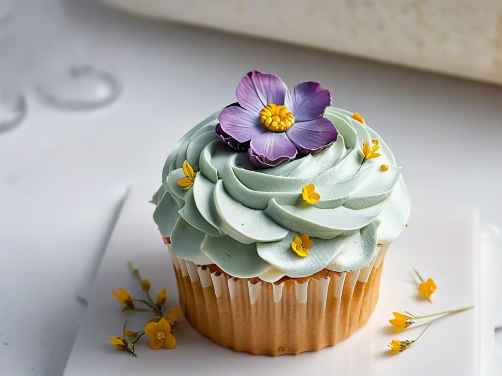  A closeup, ultradetailed image of a perfectly frosted cupcake, topped with delicate edible flowers and shimmering gold leaf, placed on a sleek, white marble surface. The frosting is flawlessly smooth, with intricate swirls and peaks, showcasing the artistry of pastry decoration. The vibrant colors of the flowers pop against the pastel hues of the cupcake, creating a visually stunning and appetizing composition. hyperrealistic, full body, detailed clothing, highly detailed, cinematic lighting, stunningly beautiful, intricate, sharp focus, f/1. 8, 85mm, (centered image composition), (professionally color graded), ((bright soft diffused light)), volumetric fog, trending on instagram, trending on tumblr, HDR 4K, 8K