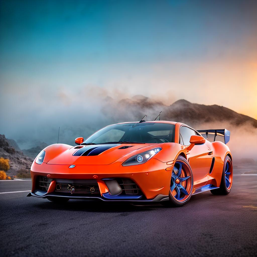  A blue dragon on an orange car ,highly detailed, cinematic lighting, stunningly beautiful, intricate, sharp focus, f1. 8, 85mm, (centered image composition), (professionally color graded), ((bright soft diffused light)), volumetric fog, trending on instagram, trending on tumblr, HDR 4K, 8K