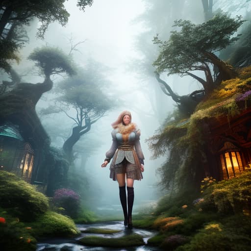  A girl Poplin, sneaks into another world through a fantastical portal, fog, space hyperrealistic, full body, detailed clothing, highly detailed, cinematic lighting, stunningly beautiful, intricate, sharp focus, f/1. 8, 85mm, (centered image composition), (professionally color graded), ((bright soft diffused light)), volumetric fog, trending on instagram, trending on tumblr, HDR 4K, 8K