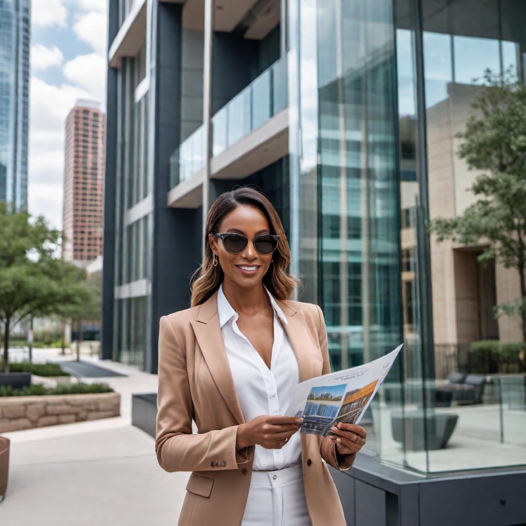  A salesperson is standing outside of a modern glass front apartment complex in downtown Austin, Texas, busily discussing the features of various lock sets with potential customers. The salesperson is professionally dressed, maybe holding brochures or samples of the locks, and is using hand gestures to explain their security features. The background should have a recognizable cityscape or landmark from downtown Austin to place the scene. It's a sunny day with clear skies. hyperrealistic, full body, detailed clothing, highly detailed, cinematic lighting, stunningly beautiful, intricate, sharp focus, f/1. 8, 85mm, (centered image composition), (professionally color graded), ((bright soft diffused light)), volumetric fog, trending on instagram, trending on tumblr, HDR 4K, 8K