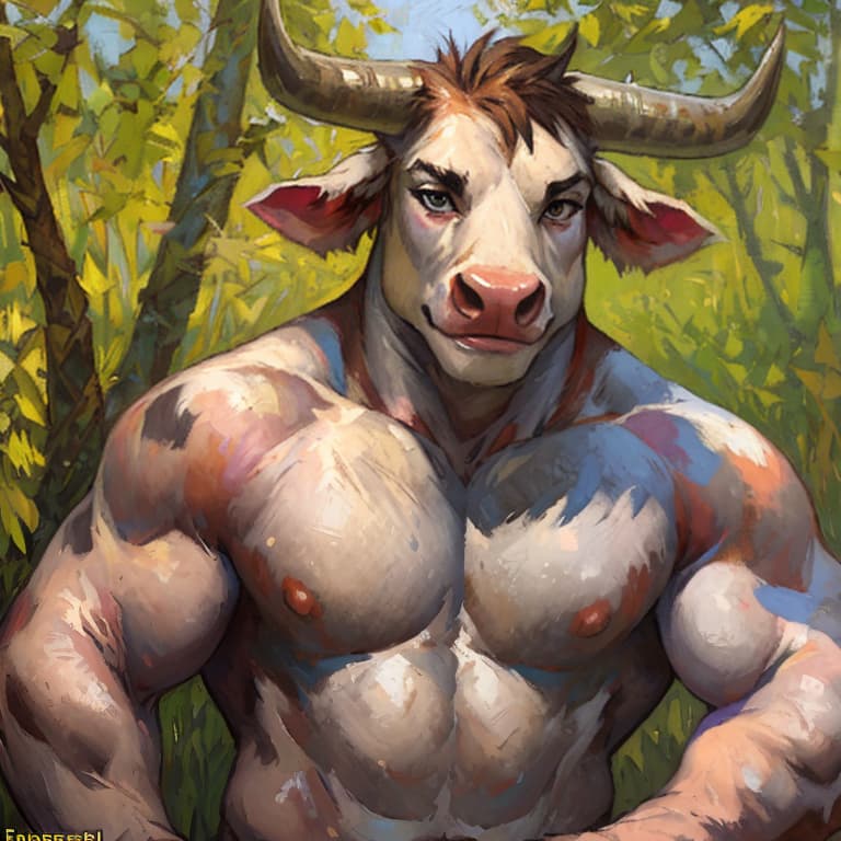  (cattle:1), cow head (anthro), (muscular male), nude, (thick muscles:1), (by fabercastel:1.5),