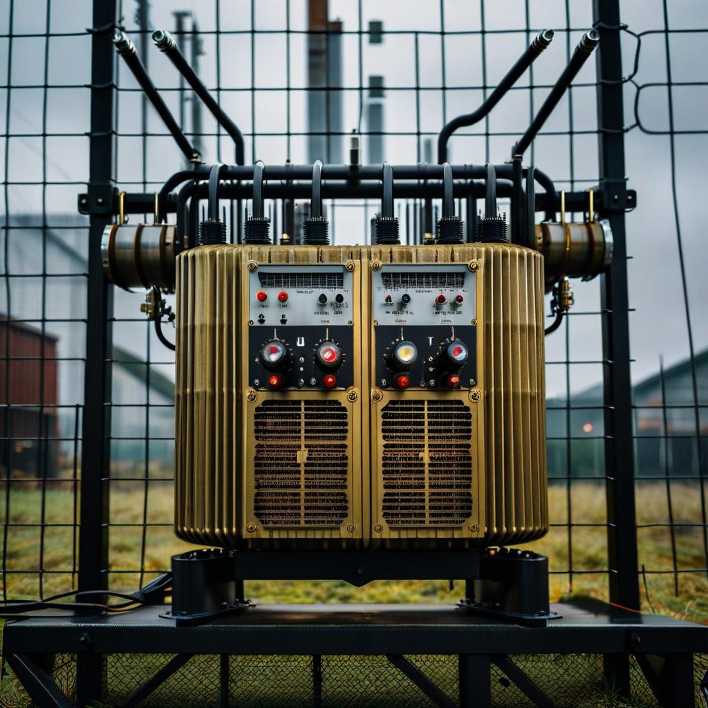  A large power electric transformer behind the fence hyperrealistic, full body, detailed clothing, highly detailed, cinematic lighting, stunningly beautiful, intricate, sharp focus, f/1. 8, 85mm, (centered image composition), (professionally color graded), ((bright soft diffused light)), volumetric fog, trending on instagram, trending on tumblr, HDR 4K, 8K