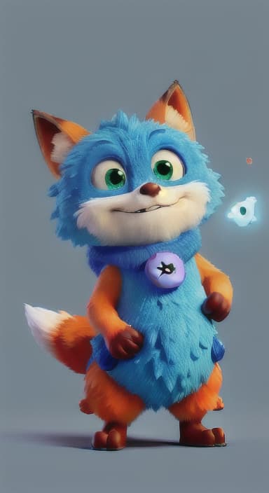  {Error the fox pressing the blue button with his paw, looking puzzled as nothing occurs., Error is a small, bright orange fox with a fluffy tail and big, inquisitive eyes. He has a mischievous yet kind expression and wears a tiny green scarf.