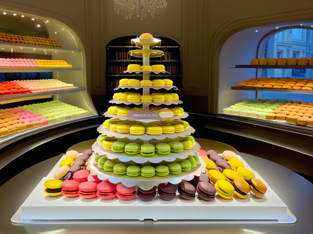  A photorealistic image of a Parisian patisserie display showcasing an array of exquisitely colorful and perfectly shaped macarons. The image features delicate pastel hues of pistachio green, lavender purple, rose pink, and lemon yellow macarons arranged on elegant tiered stands, with a backdrop of ornate Parisian architecture visible through the shop's window. The lighting captures the shimmering texture of the macarons' smooth shells and the glossy ganache centers, creating a mouthwatering and visually appealing scene that embodies the gourmet charm of Parisian pastry culture. hyperrealistic, full body, detailed clothing, highly detailed, cinematic lighting, stunningly beautiful, intricate, sharp focus, f/1. 8, 85mm, (centered image composition), (professionally color graded), ((bright soft diffused light)), volumetric fog, trending on instagram, trending on tumblr, HDR 4K, 8K