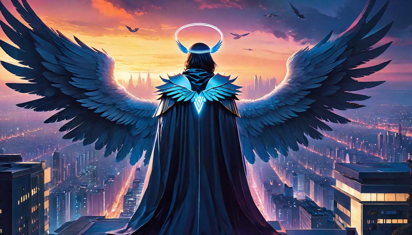  retro futuristic A guardian angel with large, feathered wings cloaked in twilight, blending into the night, watching over a city from above. The angel's eyes reflect a deep understanding of the unseen emotional and psychological states of the city’s inhabitants, their gaze offering silent protection and wisdom. The scene combines a sense of mystery with a comforting watchfulness, embodying an intuitive sentinel guarding against unseen threats. Silent guardian, wings of protection, vigil in the shadows. lvintage sci fi, 50s and 60s style, atomic age, vibrant, highly detailed