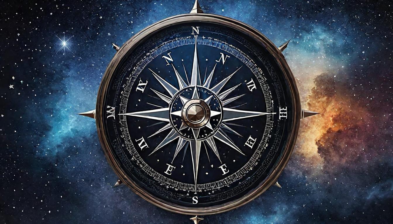  （surrealism)A compass overlaying a star map, hands (metaphorical, not literal) adjusting the course, navigation, guidance, wisdom beyond the stars mystic, intricate details, best quality)