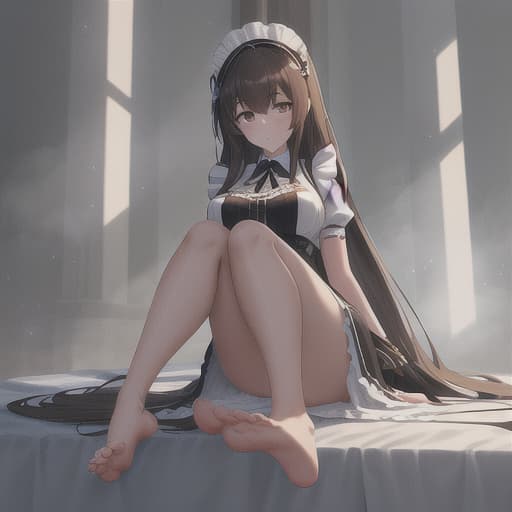  (score 9,score 8 up,score 7 up,),1girl,solo,maid,maid headdress,looking at viewer,apron,brown hair,indoors,black hair,bare foot,feet focus,two feet,high heels hyperrealistic, full body, detailed clothing, highly detailed, cinematic lighting, stunningly beautiful, intricate, sharp focus, f/1. 8, 85mm, (centered image composition), (professionally color graded), ((bright soft diffused light)), volumetric fog, trending on instagram, trending on tumblr, HDR 4K, 8K